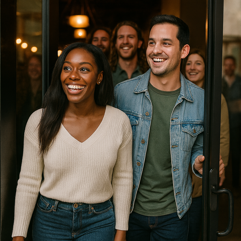 Happy customers entering restaurant